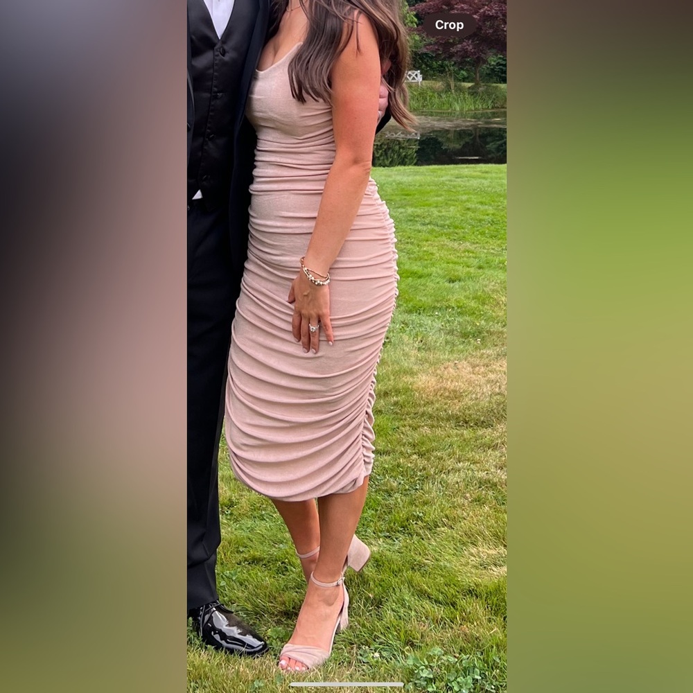 Stunning Ruched Midi Blush Strapless Dress Size Small